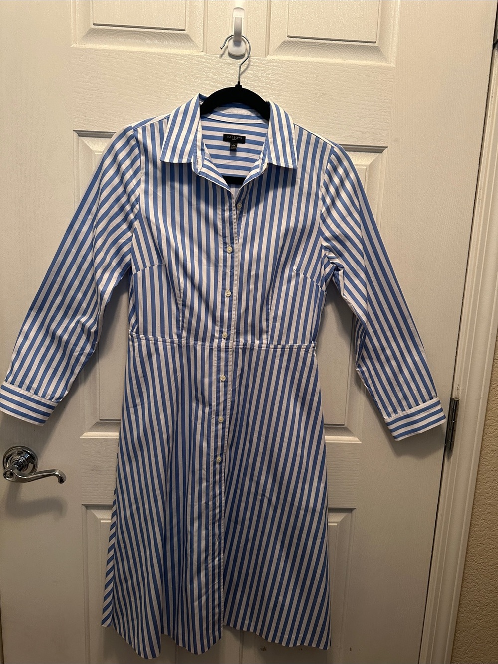 Talbots Blue and White Vertical Stripe Long-Sleeve Shirt Dress Size 4P
